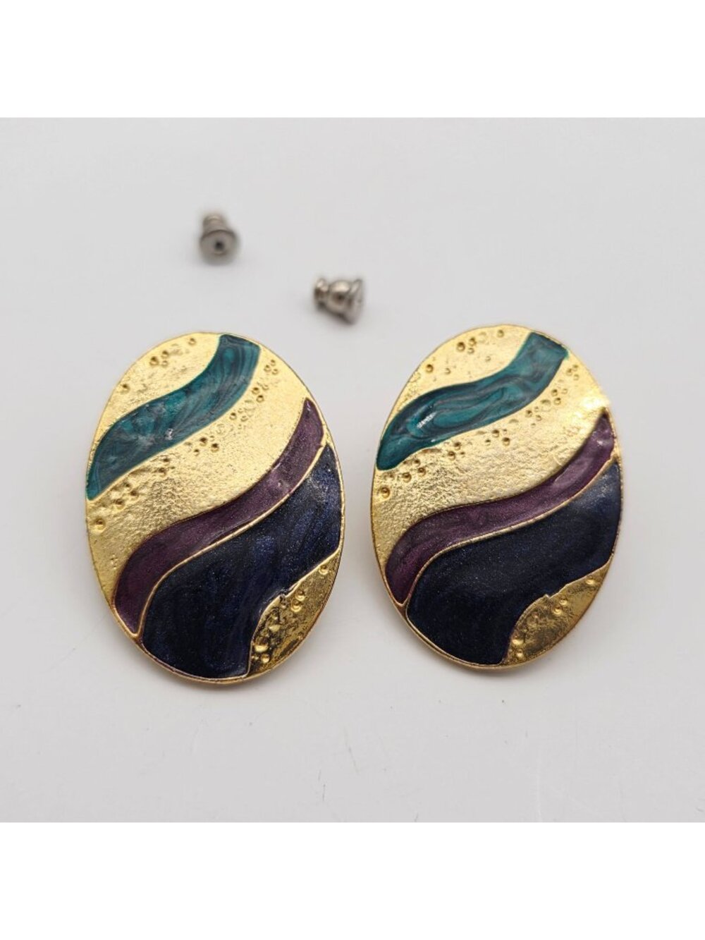 Oval Enamel Earrings With Gold-Tone Abstract Design In Teal Purple & Navy 1.5"